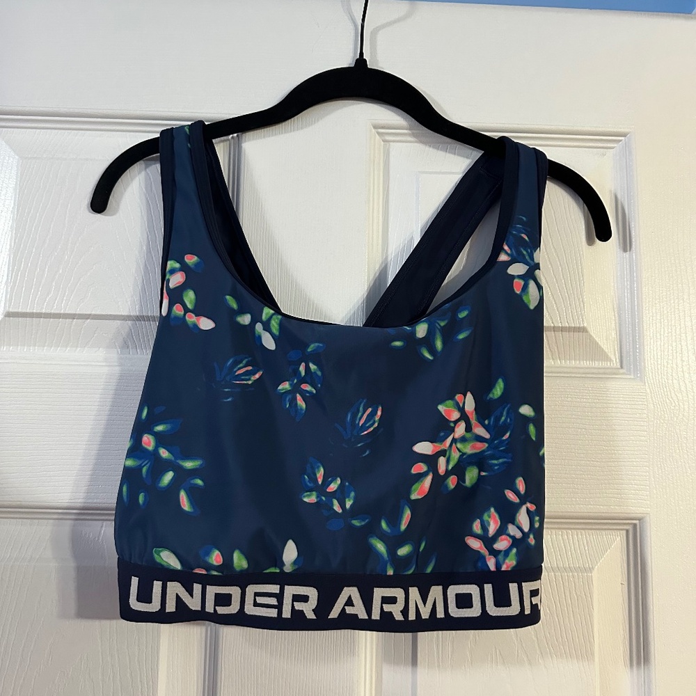 Under Armour Plus Sports Bra 2XL Blue Floral Medium Support Racerback Workout